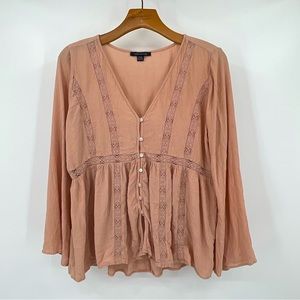 American Eagle Dusk Pink Baby Doll Long Sleeve Top Size Medium B12